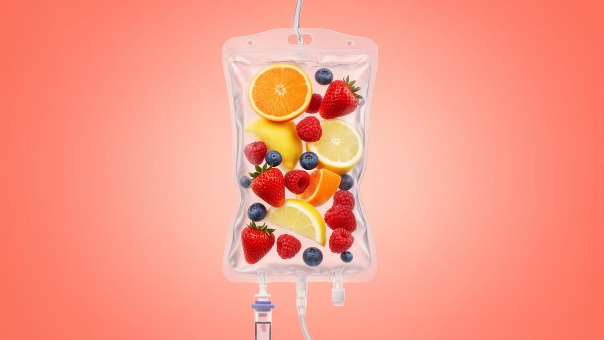 Bolsa de suero IV con vitaminas y frutas frescas